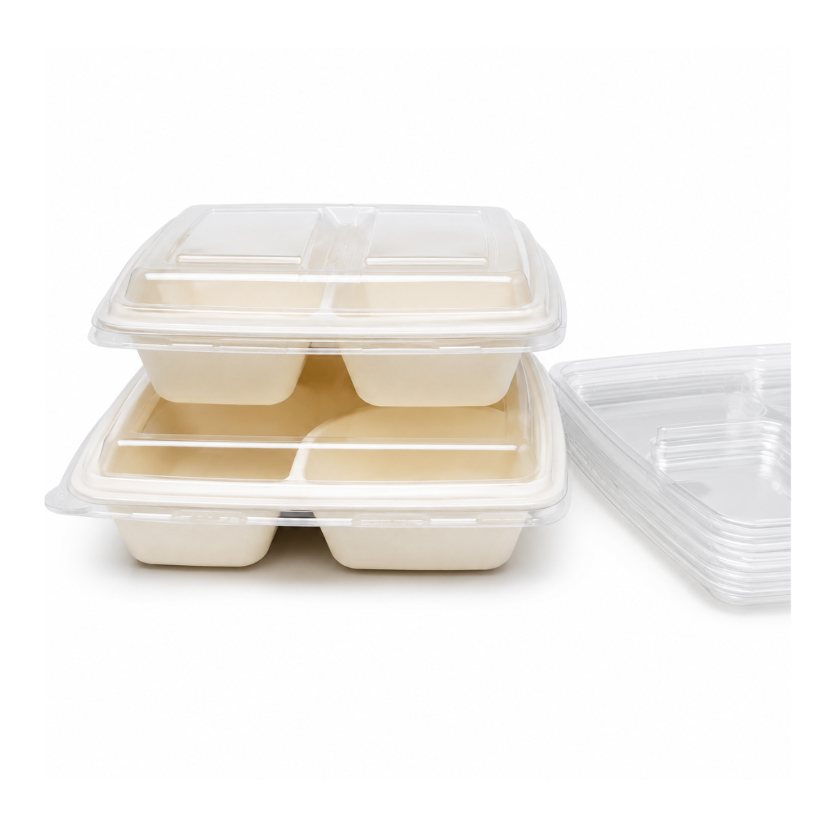 Contenant En Bagasse 4 Compartiments 22.7 cm x 19.5 cm x 4 cm – 600/Caisse