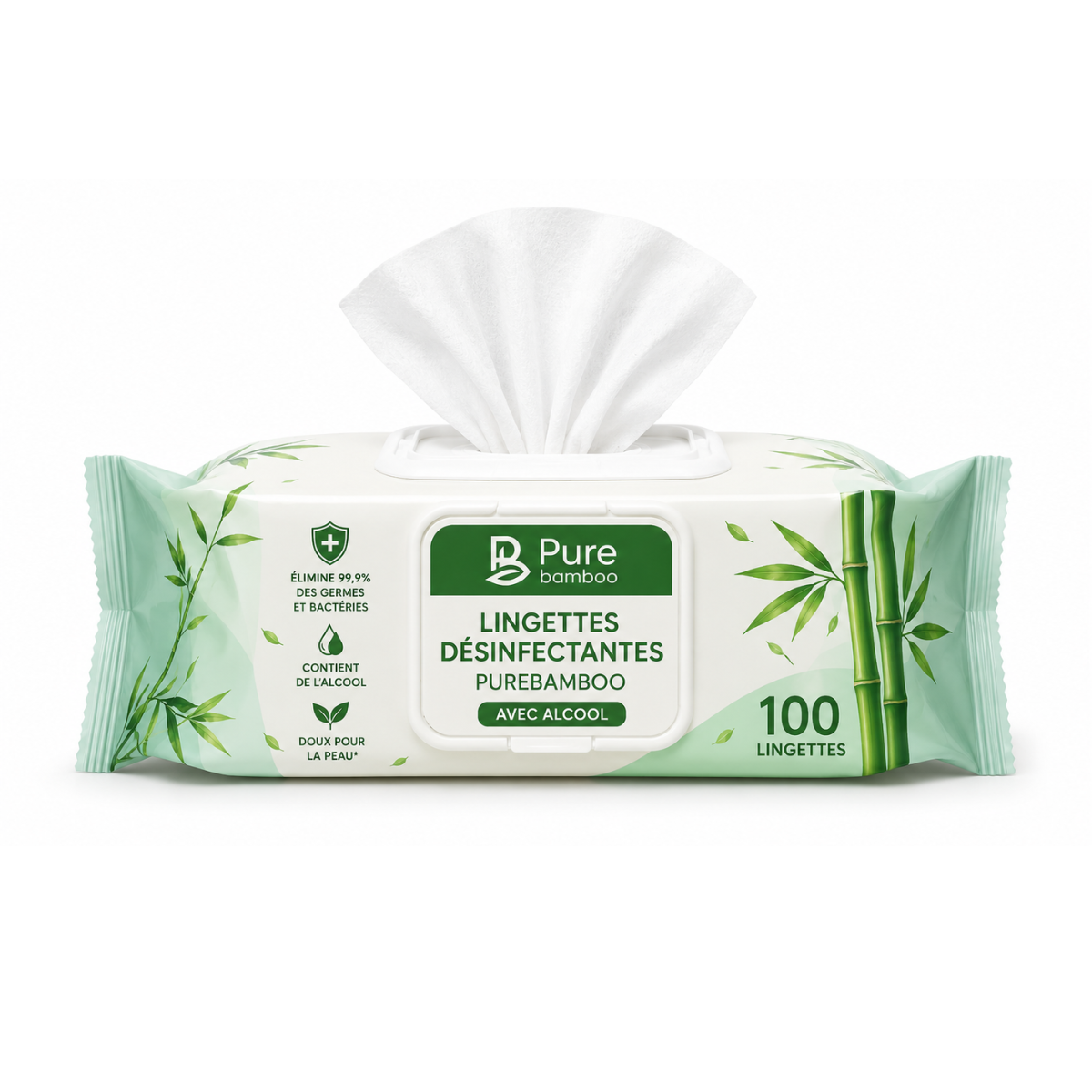 Lingettes désinfectantes PureBamboo avec alcool 100/boite