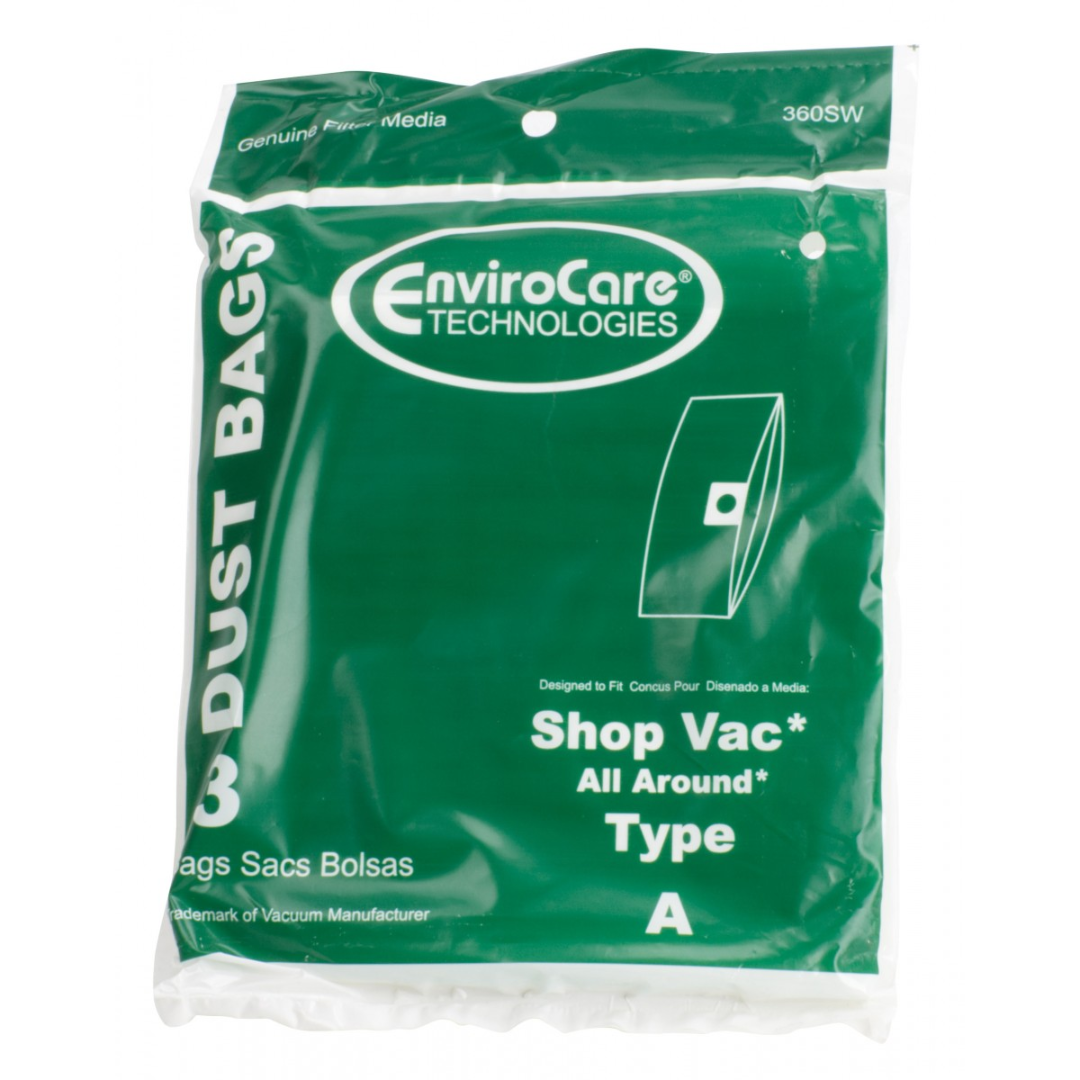 Sac en papier pour aspirateur Shop Vac type A avec capacité du réservoir de 5,7 L (1,25 gallons) - paquet de 3 sacs - Envirocare 360SW