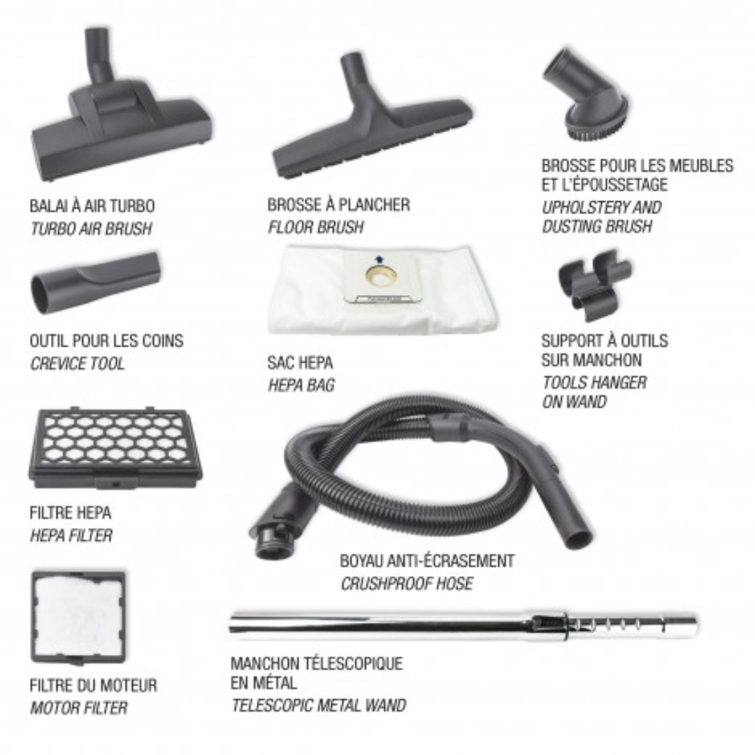 Aspirateur chariot - Johnny Vac Silenzio - filtration HEPA - sac HEPA - balai à air turbo Wessel-Werk - manchon télescopique - ensemble de brosses
