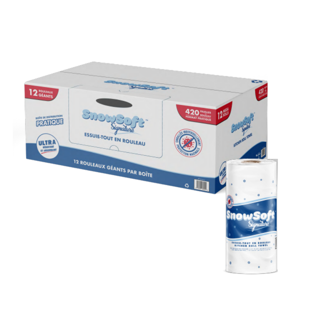 Essuie-tout Blanc GÉANT 420 Feuilles X 12 Rouleaux Snowsoft Signature