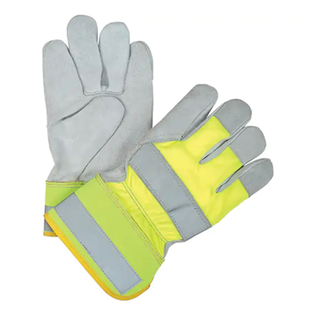 Gants d'ajusteur haute visibilité de première qualité, Paume en Cuir de vache refendu, Doublure en Coton