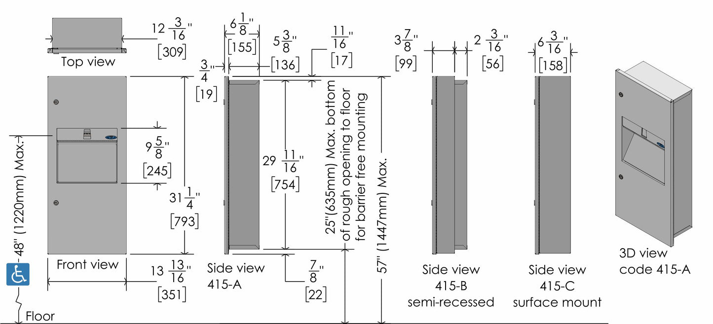 Combo distributeur de papier et poubelle en surface compact