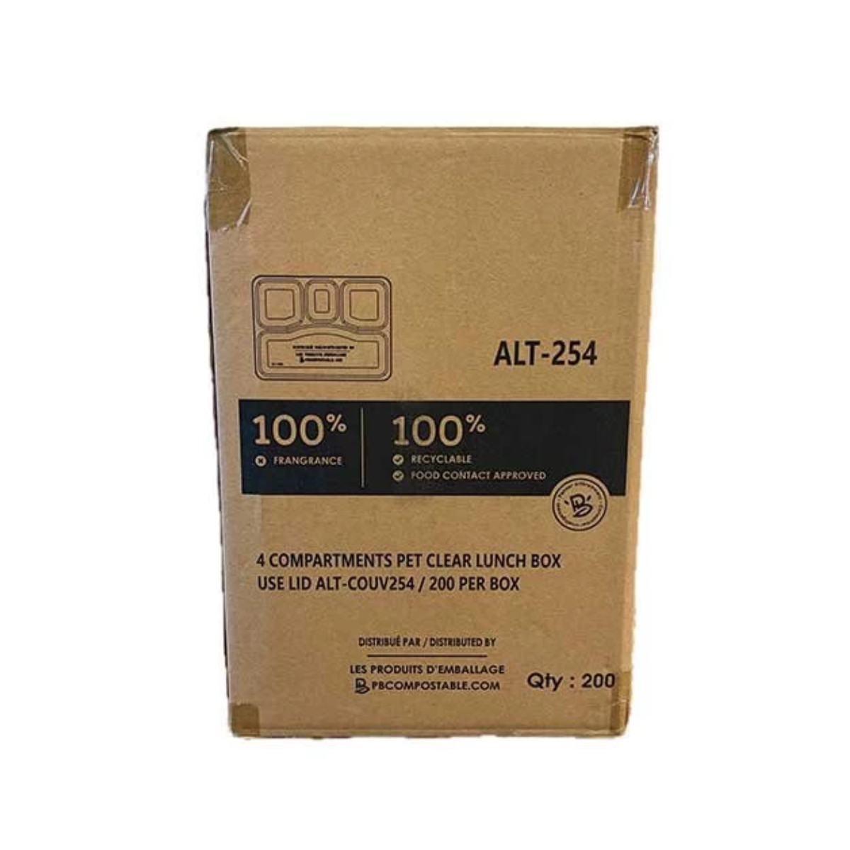 Boite À Lunch 4 Compartiments Plastique Clair 10.5"X8.5"X1.7" 200/Caisse