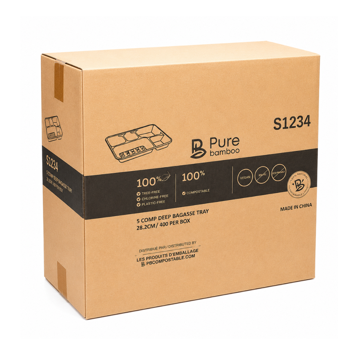 Contenant En Bagasse 5 Compartiments 28.2 cm x 22 cm x 3.75 cm – 400/Caisse