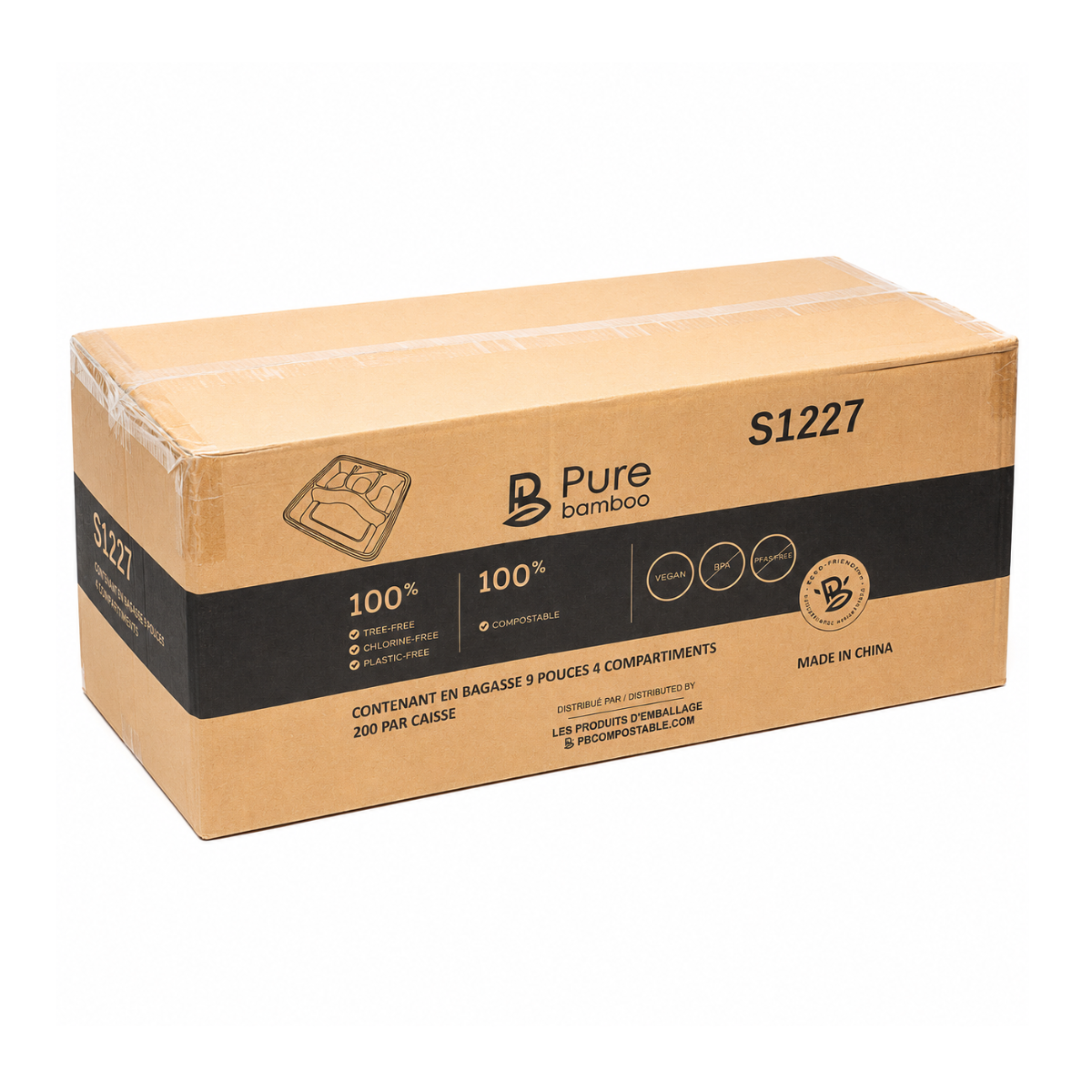 Contenant En Bagasse 9" 4 Compartiments – 200/Caisse