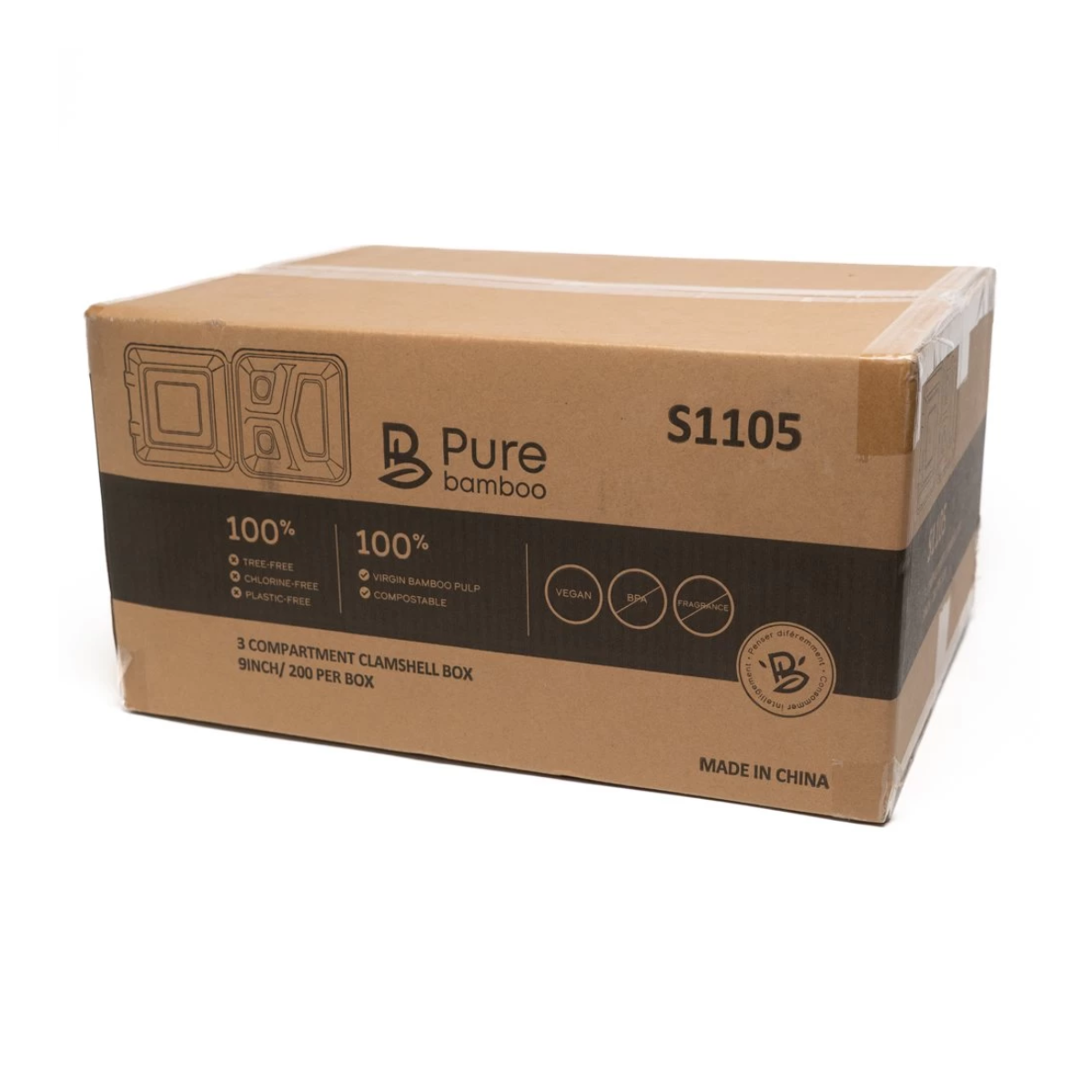 Contenant En Bagasse Avec Rabat 3 Compartiments 9" x 9" x 3" – 200/Caisse
