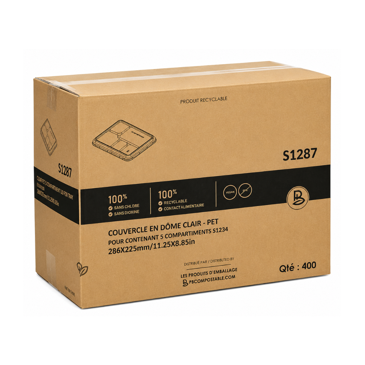 Couvercle Clair Pour Contenant 5 Compartiments S1234 – 400/Caisse