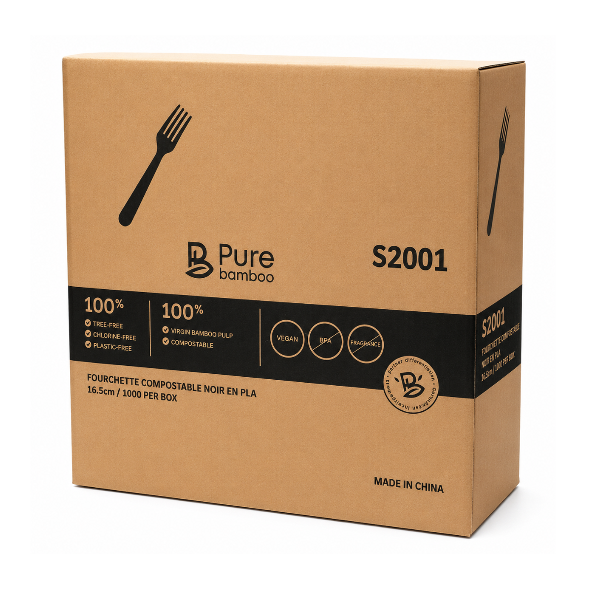 Fourchette noir en PLA emballé individuellement 1000/caisse