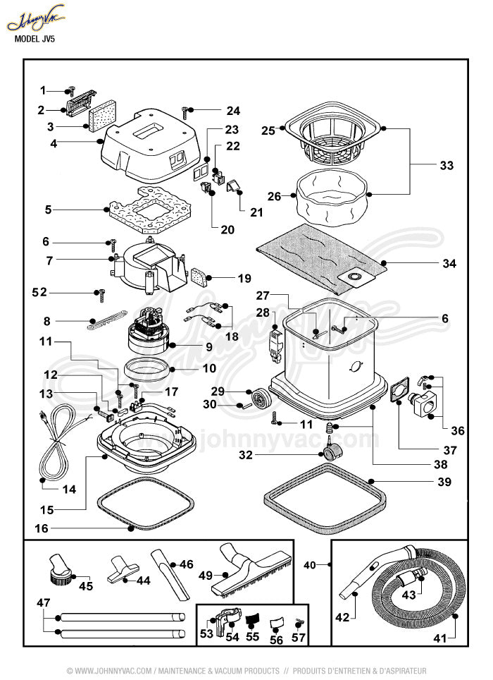 Aspirateur commercial Johnny Vac - capacité de 12 L (3 gal) - accessoires et sac en papier inclus - prise électrique intégrée - moteur 1000 W - roues pivotantes - Ghibli AS5