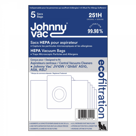 Sac microfiltre HEPA pour aspirateur Johnny Vac modèles JV10W et Ghibli AS10, ASL7, AS8 - paquet de 5 sacs