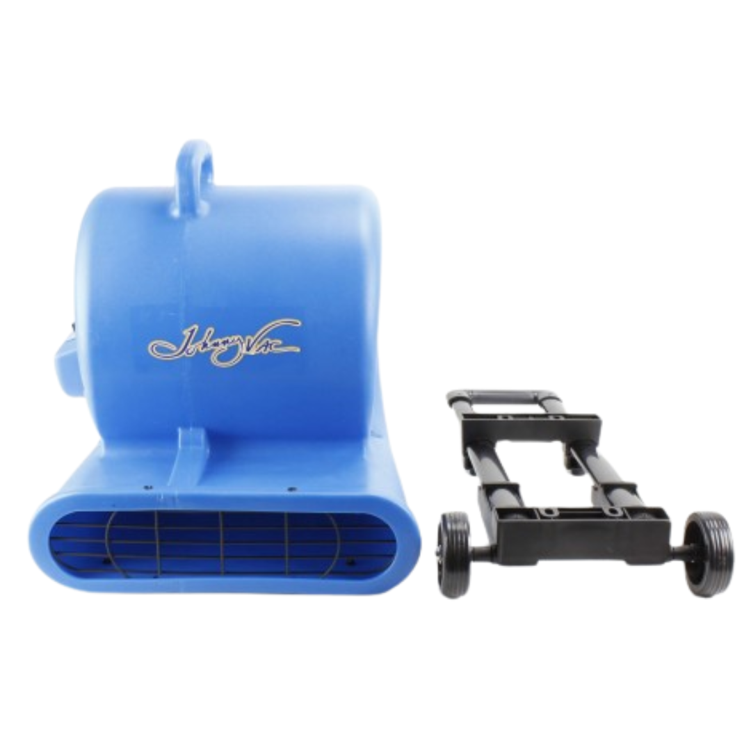 Ventilateur / souffleur / séchoir de plancher portatif - Johnny Vac - diamètre du ventilateur 9,5" (24 cm) - 3 vitesses avec poignée téléscopique et roues - bleu