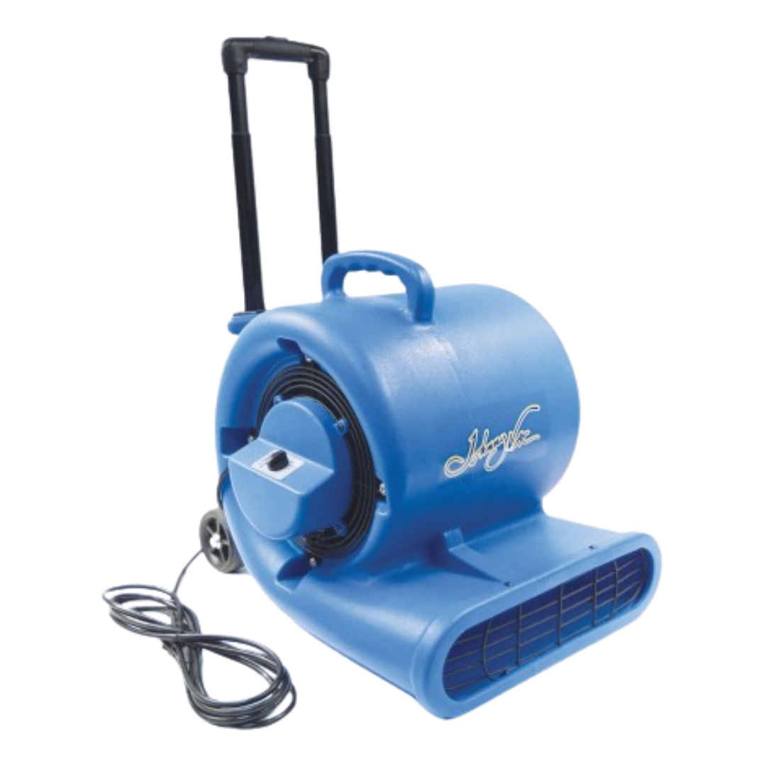 Ventilateur / souffleur / séchoir de plancher portatif - Johnny Vac - diamètre du ventilateur 9,5" (24 cm) - 3 vitesses avec poignée téléscopique et roues - bleu