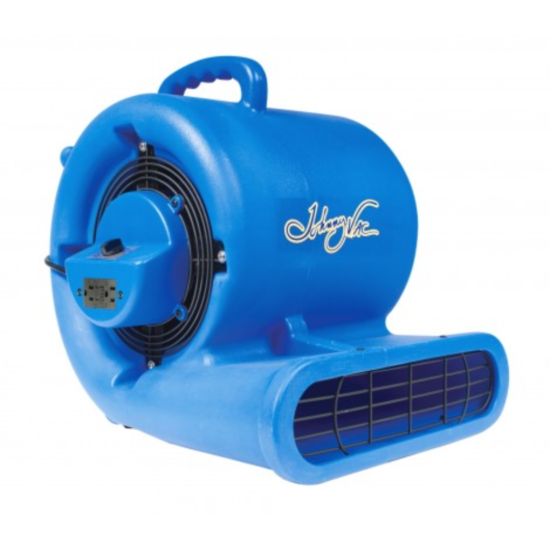 Ventilateur de plancher / souffleur - Johnny Vac - diamètre du ventilateur 9,5" (24 cm) - 3 vitesses - avec poignée - barre d'alimentation électrique intégrée - bleu